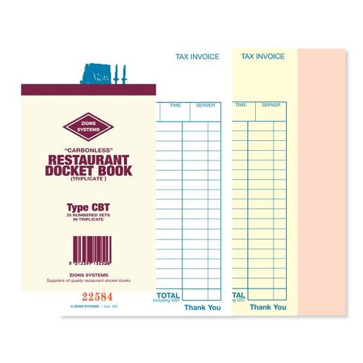 CARBONLESS TRIPLICATE RESTRAURANT DOCKET BOOK 1EA