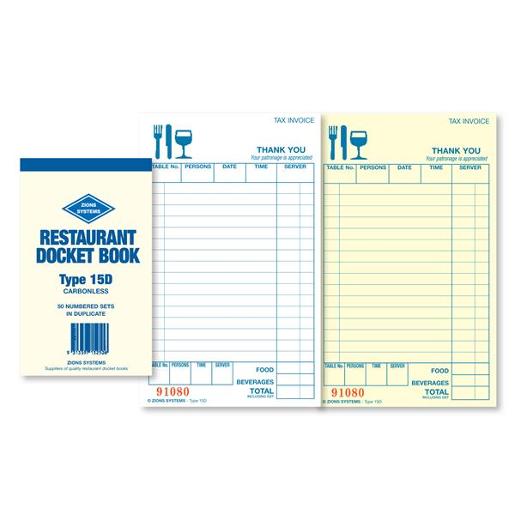 CARBONLESS DUPLICATE RESTAURANT DOCKET BOOK SMALL 1EA